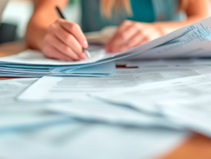 Stock photo of person holding pen working on paperwork