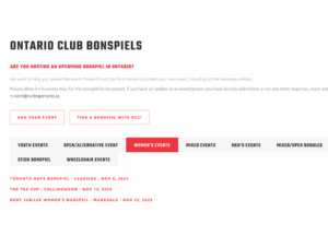 Screenshot of our Ontario Bonspiel Listing Page