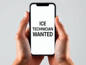 image of hands holding a phone that says "ice tech wanted"
