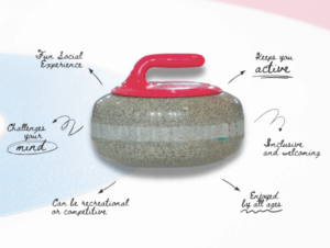 curling rock image with arrows and works coming out of it as a visual
