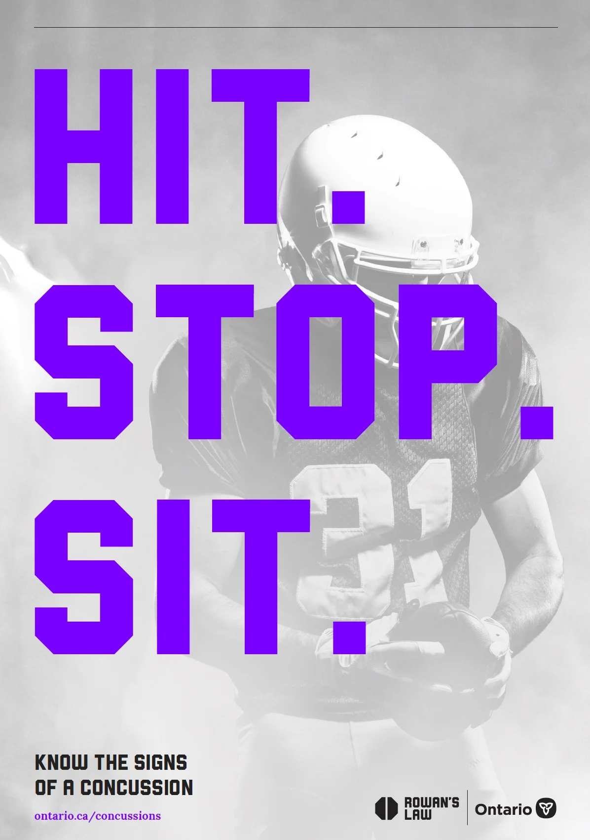 Rowan's Law Poster - Hit. Stop. Sit, know the signs of concussion