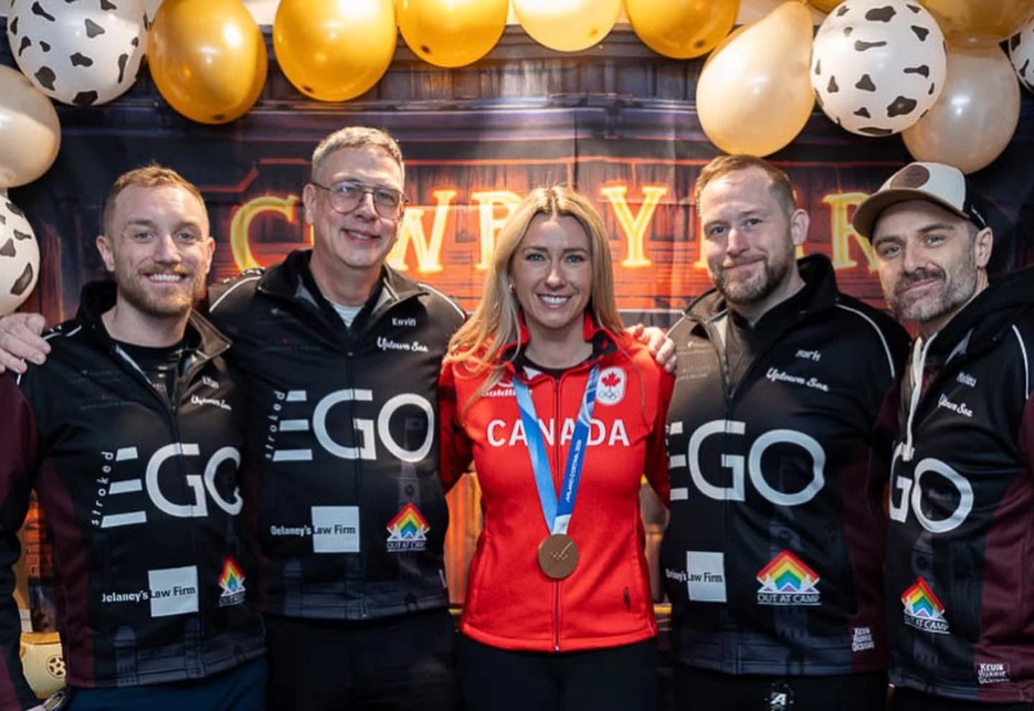 Team McAlear with Emma Miskew at the 2026 Canadian Pride Curling Championships in Toronto.
