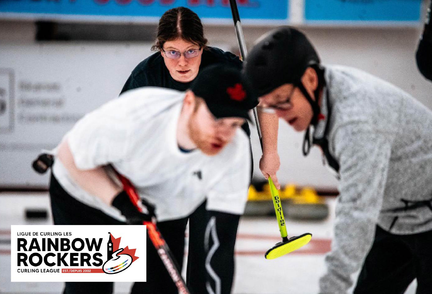 Rainbow rockers logo on a photo with three curlers sweeping down the ice