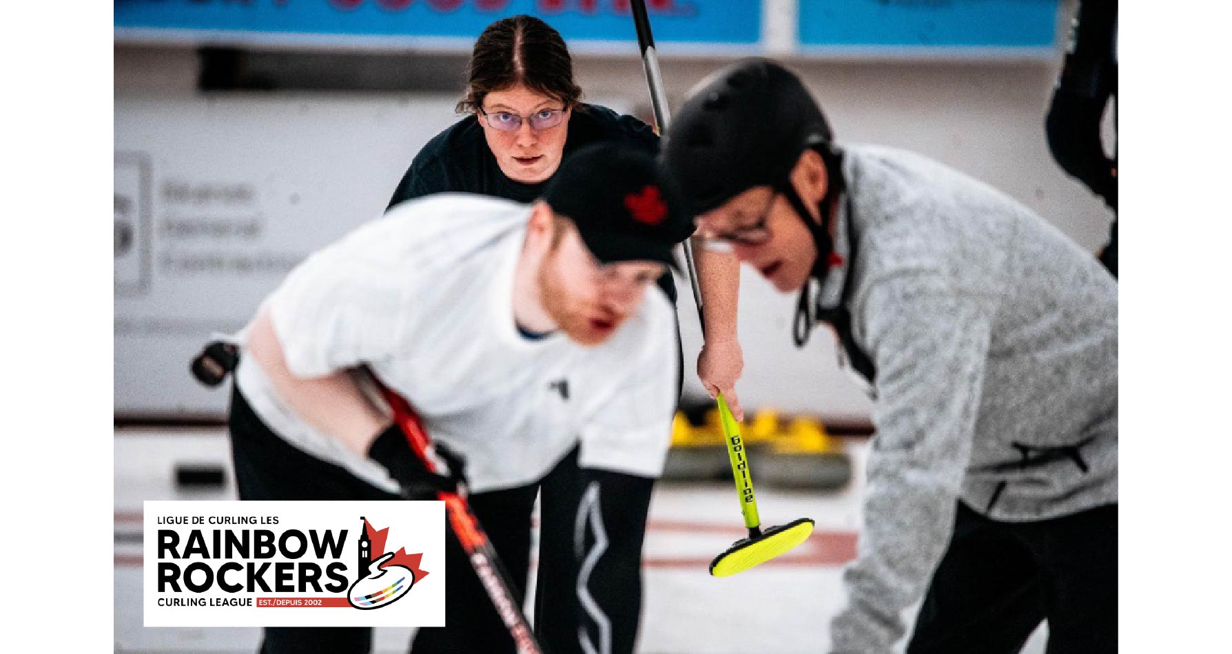 Rainbow Rockers League Logo on top of a photo of three curlers sweeping